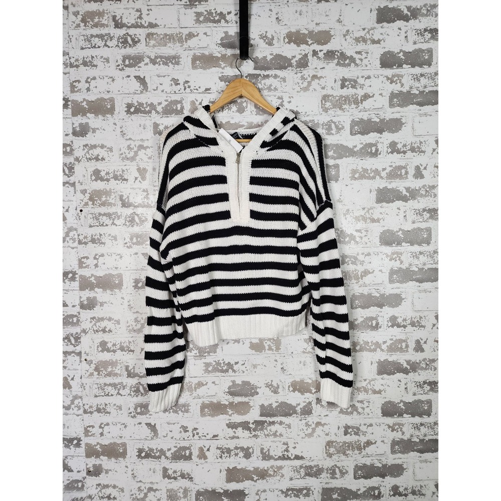 Slouchy Black & White Striped Hooded 1/4 Zip Sweater Large Boxy Cabincore